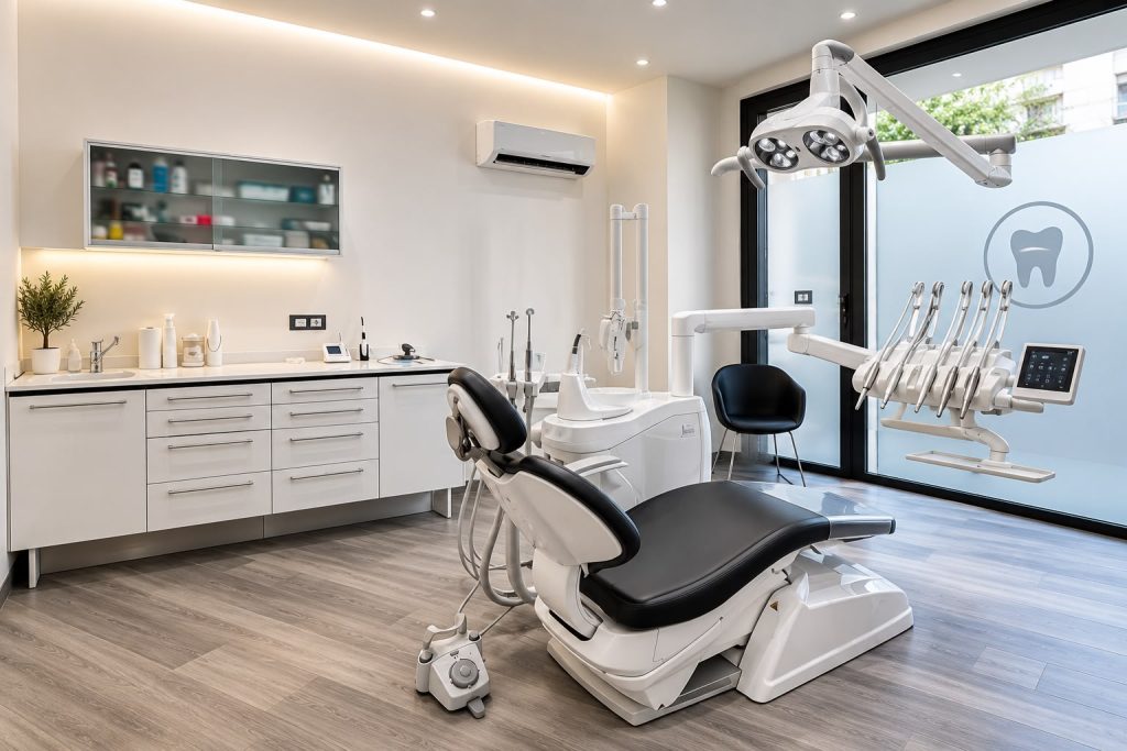 Sala operativa dello Studio Dentistico Mulas con riunito, lampada scialitica e monitor